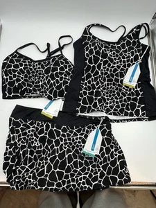 Beach House 3 Pc Swimsuit Black White Giraffe Print Swim Skort Tankini Top 14 16 - Picture 1 of 7