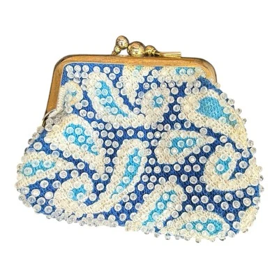 Vintage Mod Plastic Bead Bag Coin Change Purse 1960 Kiss Lock BoHo Blue Paisley - Image 1 of 4