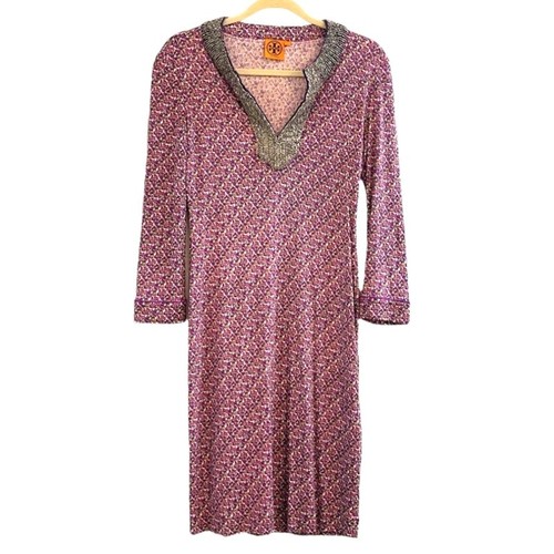 Abito donna Tory Burch taglia small 100% seta floreale lunghezza ginocchio con colletto perline