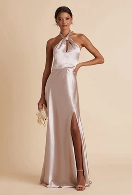 NUEVO CON ETIQUETAS Birdy Grey Monica mediano topo brillante satinado halter vestido de dama de honor graduación dorado Foto 1 de 4