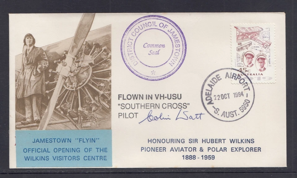 Australia 1994 Adelaide Airport Pmk, cubierta de vuelo Southern Cross firmada por piloto Foto 1 de 1