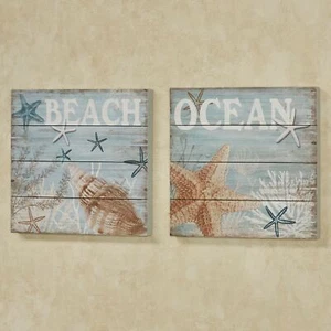 Under the Sea Coastal Plank Style Wall Art Plaques Blue Set of Two - Picture 1 of 1