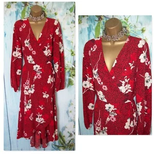 LADIES WALLIS OCCASION DRESS SIZE 16, Red Floral Hi Low Hem Wrap Midi Dress - Picture 1 of 8