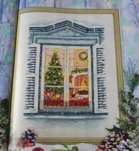 Gemütliche Weihnachtsfensterszene Kamin Baum präsentiert nur Kreuzstichkarte - Bild 1 von 1