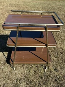 Vintage COSCO MCM 3 Tier Metal Rolling Bar Utility Kitchen Cart WOOD Grain - Picture 1 of 17