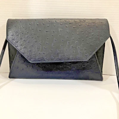 Bueno~Sobre de cuero sintético de avestruz azul marino bolso de hombro cartera libro de bolsillo Foto 1 de 4
