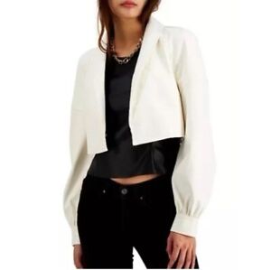 INC Womens M Washed White Faux Leather Collared Cropped Blazer Jacket NWD BI49