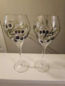 Hand Painted Etched Olives Crystal Wine Glasses Romania, 10” Set (2) Wine Things - Picture 1 of 5