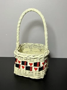 Vintage Small Cream Distressed Wicker Basket With Red & Black Trim & Red Hearts - Picture 1 of 8