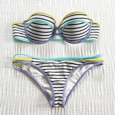 Victoria's Secret Swim BIKINI 32B XS Negro Blanco Colorblock Rayas 84Z Foto 1 de 4