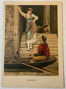 1884 Lithographie ~ FLIRTATION, Mann in einem Boot Frau auf der Treppe, Venedig - Bild 1 von 1