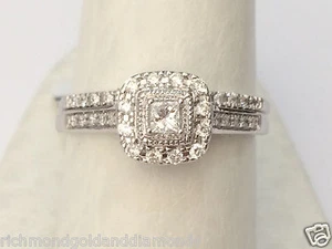 White Gold Halo Vintage Princess Cut Diamond Engagement Bridal Wedding Ring Set - Picture 1 of 10