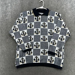 VTG Alfred Dunner Sweater Mens 2X Black Anchor AOP Knitted Sweater USA 90s - Picture 1 of 11