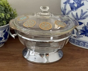 Fire King Gold & Aqua Wärmer 2 Quart Auflaufform mit Ständer - MCM - Bild 1 von 14