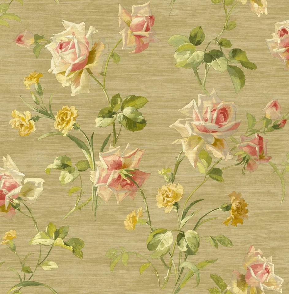Wallpaper American Beauty Pink Rose Toss on Tan Faux, 56 sq ft / bolt - Image 1 of 1