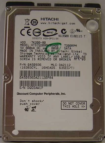 HTS722080K9SA00 Hitachi 80GB SATA 2.5" 9.5MM 7200RPM Hard Drive Tested Good - Image 1 of 1