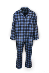 Mens Flannelette Pyjama Set Sleepwear Soft 100% Cotton PJs - Blue Check - Picture 1 of 13