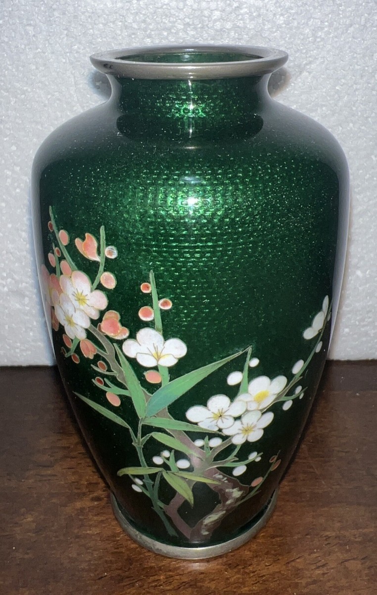 美術七宝焼』 花瓶 緑牡丹 壺 陶磁器 花柄