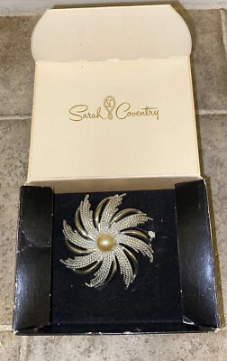 Vintage Sarah Coventry Brooch Large Silvertone Sunburst Faux Pearl Pin Jewelry - Image 1 of 4
