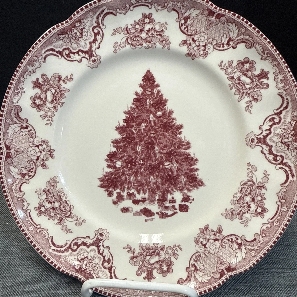 Johnson Bros. England Old Britain Castle Red Christmas Tree Bread Cake 8” Plate - Image 1 of 3