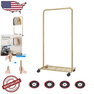 Stylish Gold Garment Rack, Rolling Clothes Hanger with Mesh Shelf, Easy Move - Picture 1 of 10