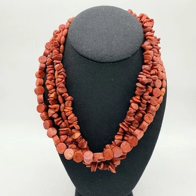 Vintage Necklace Orange Coral Bead Natural Undyed 4 Strand Collar 17”+2” Estate - Image 1 of 4