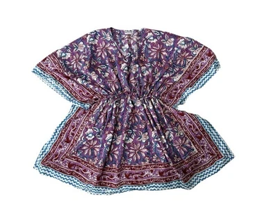 Sevya Handmade Block Print Kaftan Tunic Dress Purple Floral Boho Resort One Size - Image 1 of 4