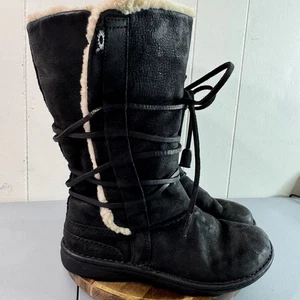 Botas UGG Mujer Cuero Negro Piel de Oveja Forradas Con Cordones Altas Invierno Nieve Talla 7 - Imagen 1 de 18