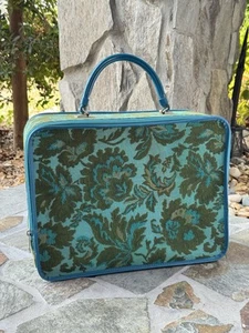 Vintage Avon Sales Rep Blue Floral Green Tapestry Mini Suitcase EUC 70s - Picture 1 of 12