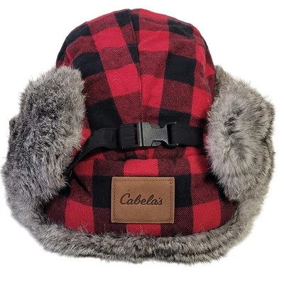 Cabelas Red Black Plaid Trapper Hat Ushanka Faux Fur Lined Ear Flaps Buckle - Image 1 of 4