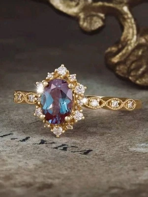 Anillo Chapado en Oro Cobre Forma Ovalada Azul Púrpura Circonita Talla 9 Incrustación Blanca  Foto 1 de 3