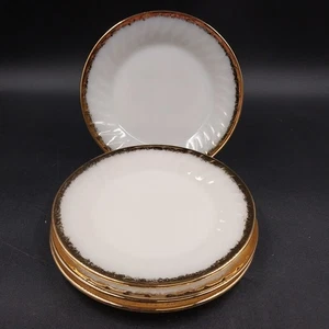 4 Fire-King Anchor Hocking White Swirl Milk Glass Salad Plates Gold Trim USA Vtg - Picture 1 of 7
