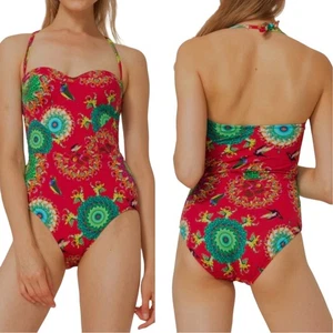 Desigual One Piece Swimsuit Size M Tropical Removable Straps Flowers Birds - Picture 1 of 12