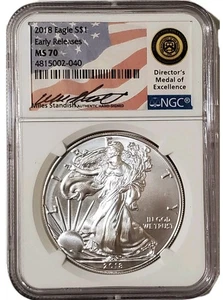 2018 1 Oz Silver $1 AMERICAN EAGLE NGC MS70 ER Miles Standish Signature Coin. - Picture 1 of 4
