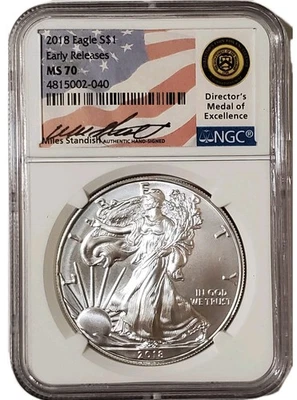 2018 1 Oz Silver $1 AMERICAN EAGLE NGC MS70 ER Miles Standish Signature Coin. - Image 1 of 4