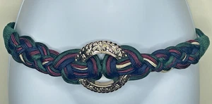 Hippie Retro Gypsy Boho Festival Metal Buckle Green Woven Belt Size 32" to 38" - Picture 1 of 9