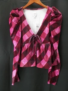 Top donna Anthropologie Maeve velluto babydoll a quadri rosa viola taglia small - Foto 1 di 7