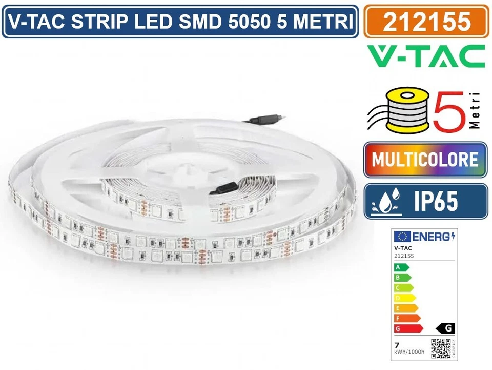 V-TAC VT-5050-60 STRISCIA LED FLESSIBILE 35W SMD RGB 60 LED/METRO 12V IP65 5MT - Immagine 1 di 3