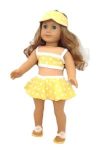 Puppenkleidung 18 Zoll gelb weiß gepunktet Badeanzug Sonnenblende Schuhe passen AG Puppe - Bild 1 von 4