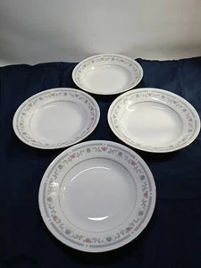 Vintage Set Of 4~ Sango Tivoli #8305 Soup Bowls 8"~ Pink Flowers & Blue Shells - Picture 1 of 5