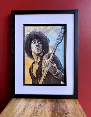 Thin Lizzy Phil Lynott Art Print. Pen Drawing Over Map Of Dublin. A4 Unframed