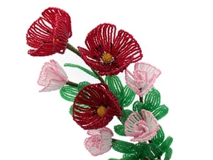 Handmade French seed glass bead wild poppy flower stem bouquet - Picture 1 of 5
