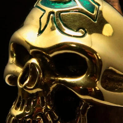 EYE OF RA RING, MENS SKULL RING, ALL SEEING EYE ON SKULL FOREHEAD GREEN SIZE 11 - Image 1 of 4