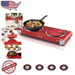 Temperature-Controlled Electric Hot Plate - 2 Burner - Red Stainless Steel - Picture 1 of 9