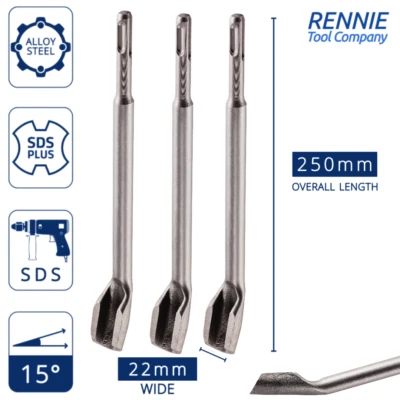 RENNIE TOOL COMPANY 3 x SDS Plus Gouge Chisel Bit x 250mm Long Hollow Chisel for Channeling Concrete
