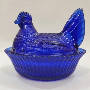 McKee Summit Cobalt Blue Glass 5.5" Glass Hen on Nest Covered Dish Chicken - Picture 1 of 22