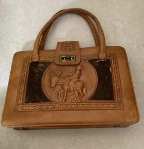 Vintage Mexico Leather Purse Hand Tooled Carved Calf Hair Purse Burro Southwest - Picture 1 of 9