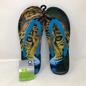 Crocs Mens Chawaii Leopard Thong Sandals Sz 12 King Animal Face Blue Bottom - Picture 1 of 6