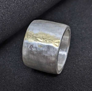 15 mm breiter Silberring mit weißen Diamant  Silber 925 und Gold 585  Flamere - Bild 1 von 7