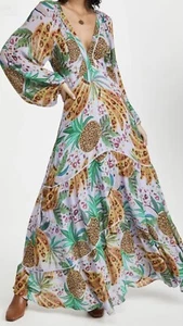 Maxi Vestido Farm Rio Piña Lila Viscosa Cuello en V Mangas Globo Talla M - Imagen 1 de 12